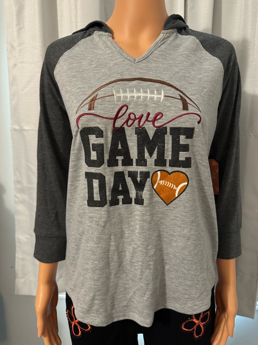 Cute Magical Season size S gray 3/4 sleeve embroidered Love Game Day hooded top